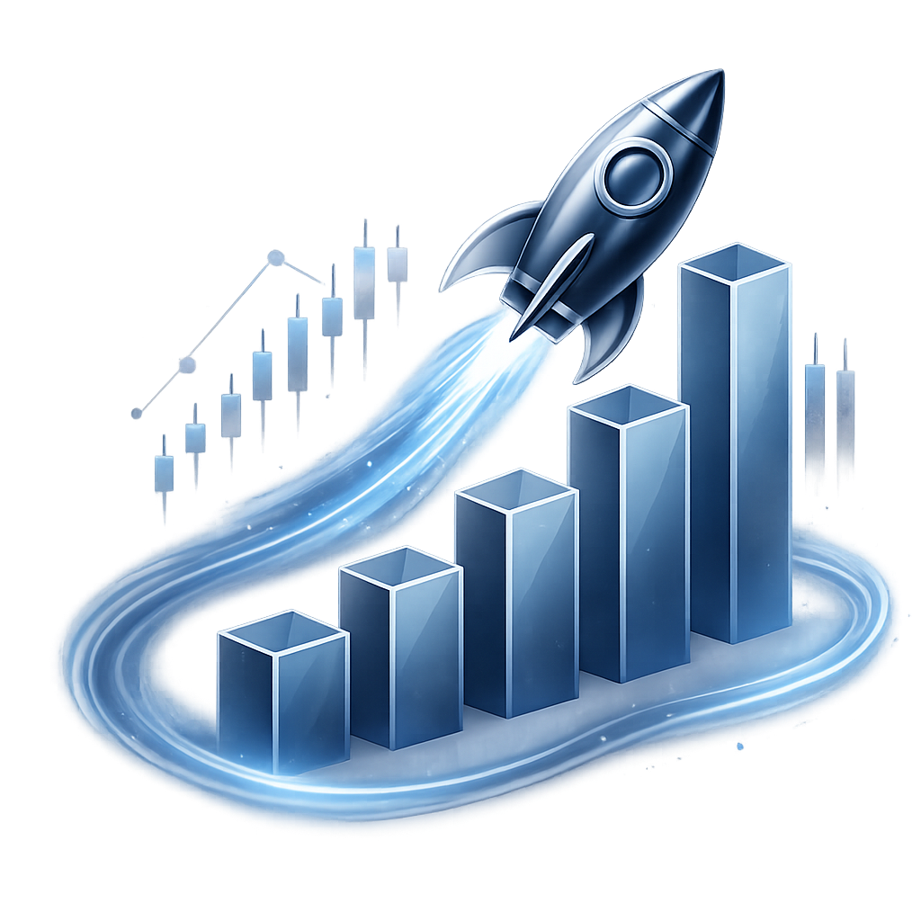 Rocket ascending with trading charts