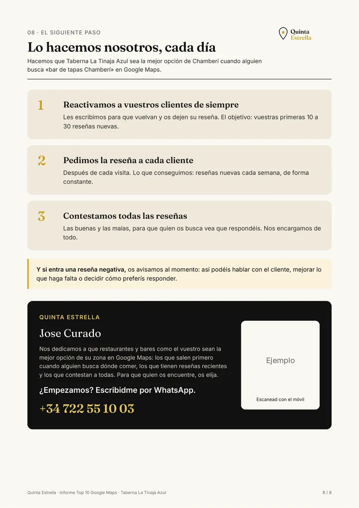 Página 8 del informe de ejemplo: el siguiente paso y lo que hace Quinta Estrella.