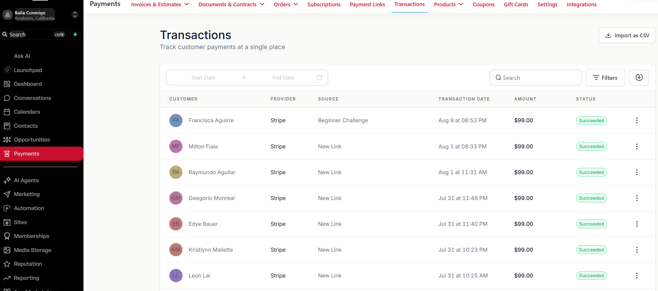 Baila Conmigo payment list showing seven successful $99 beginner challenge payments