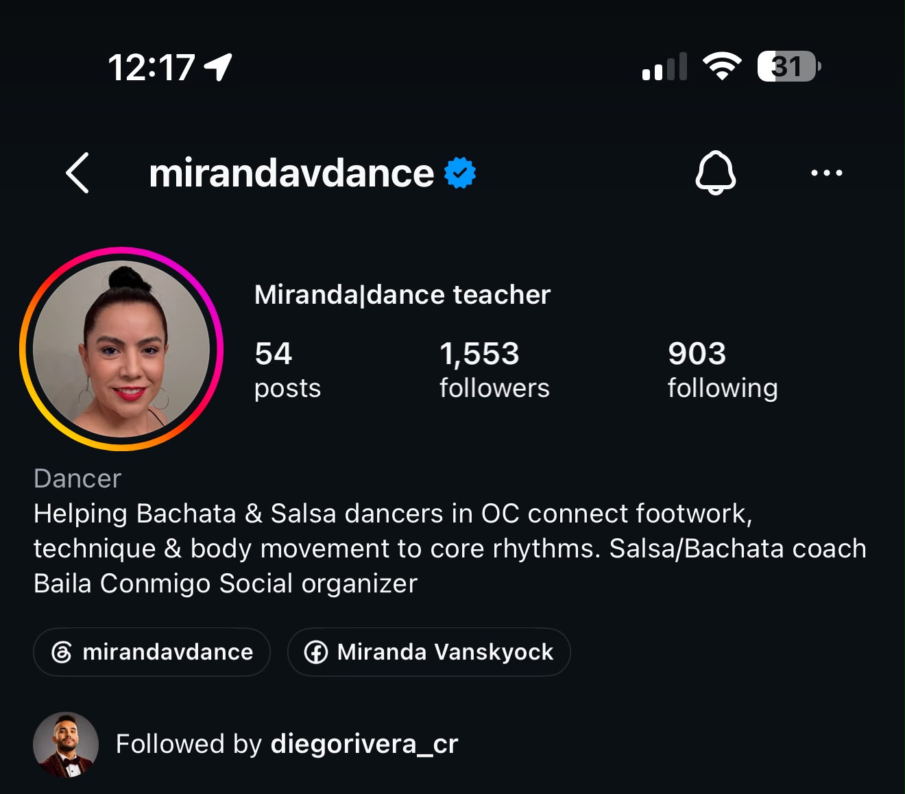 Miranda's Instagram profile showing 1,553 followers