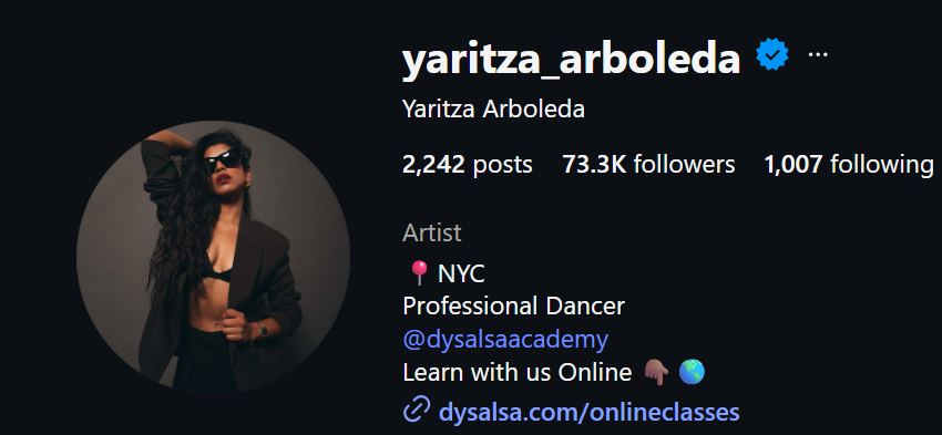 Yaritza Arboleda Instagram profile, 73.3K followers