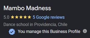 Mambo Madness Google business profile with 5 reviews before Studio Launch