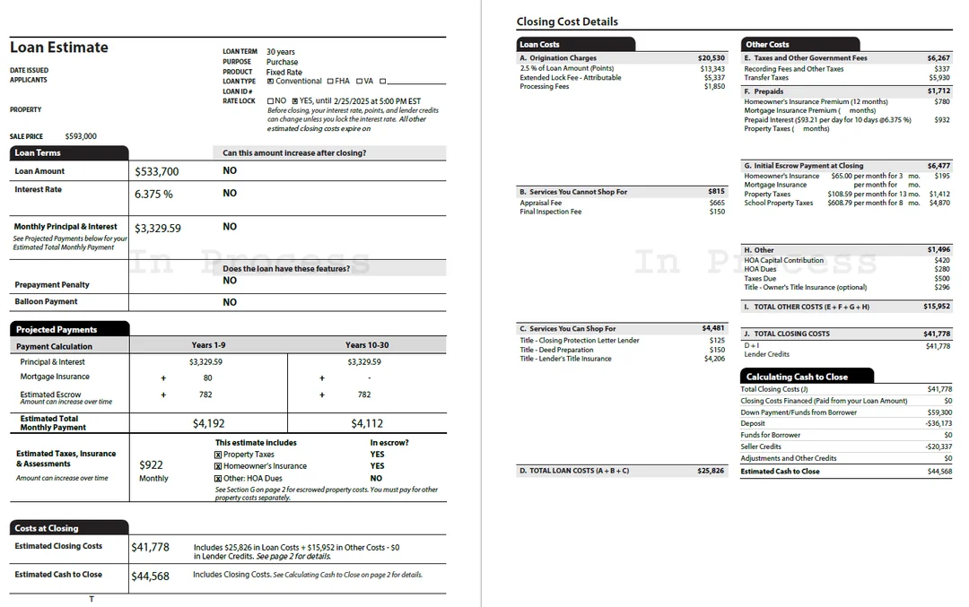 Sample Loan Estimate showing Section A Origination Charges loan terms projected payments and full closing cost breakdown
