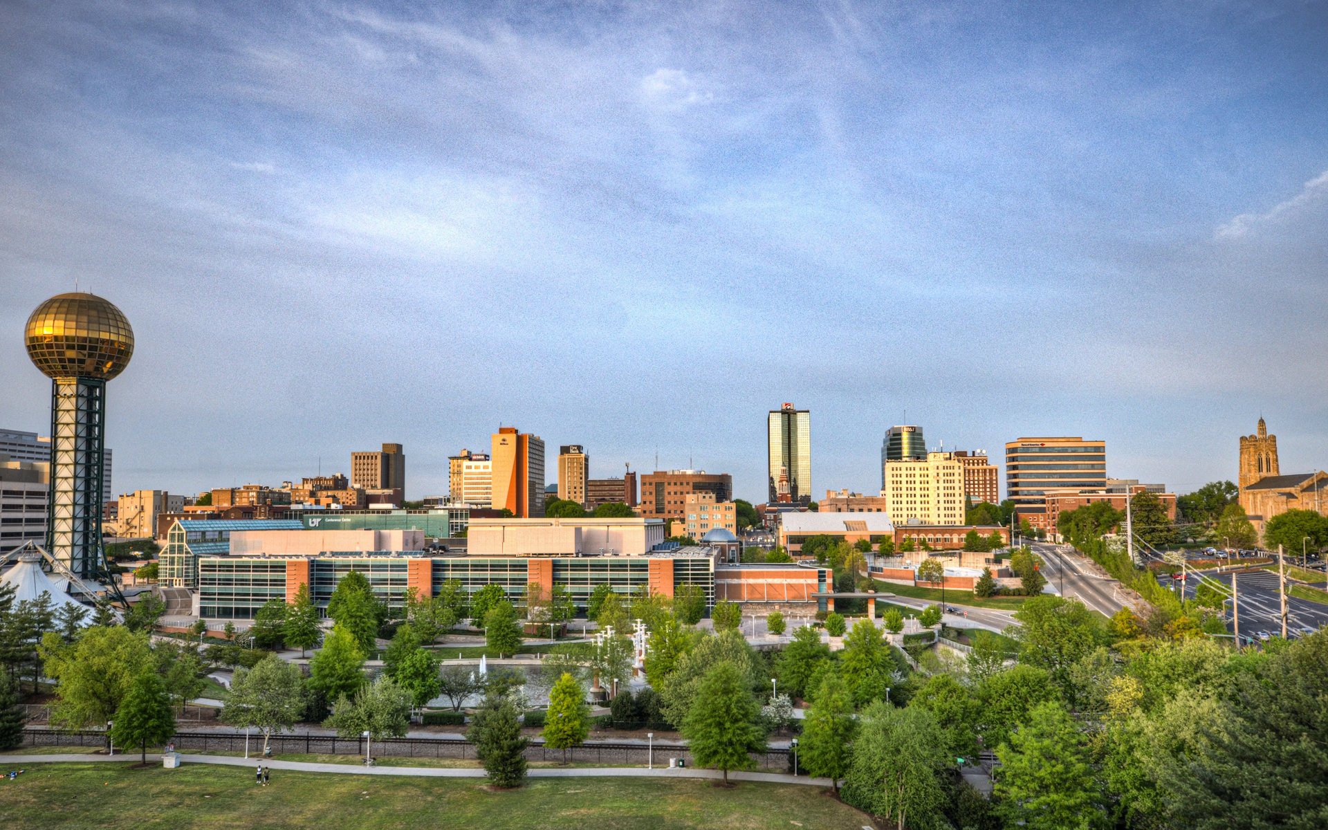 Sunsphere and downtown Knoxville skyline from World's Fair Park in Knox County, Tennessee.
