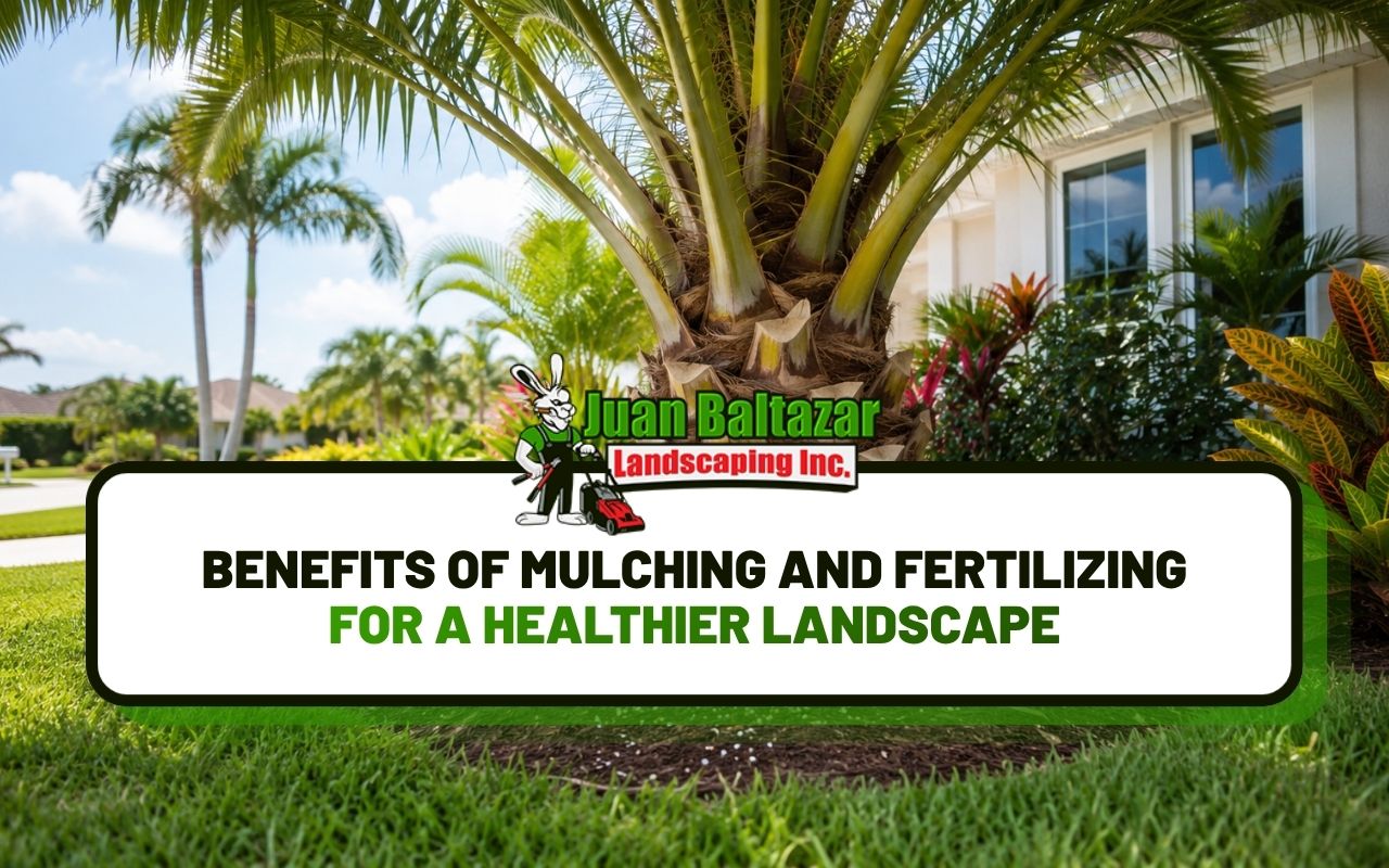 Rich, dark brown mulch freshly laid around vibrant tropical plants
