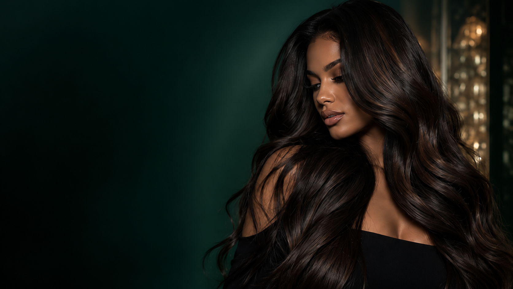 Editorial portrait of a woman with long, glossy dark hair