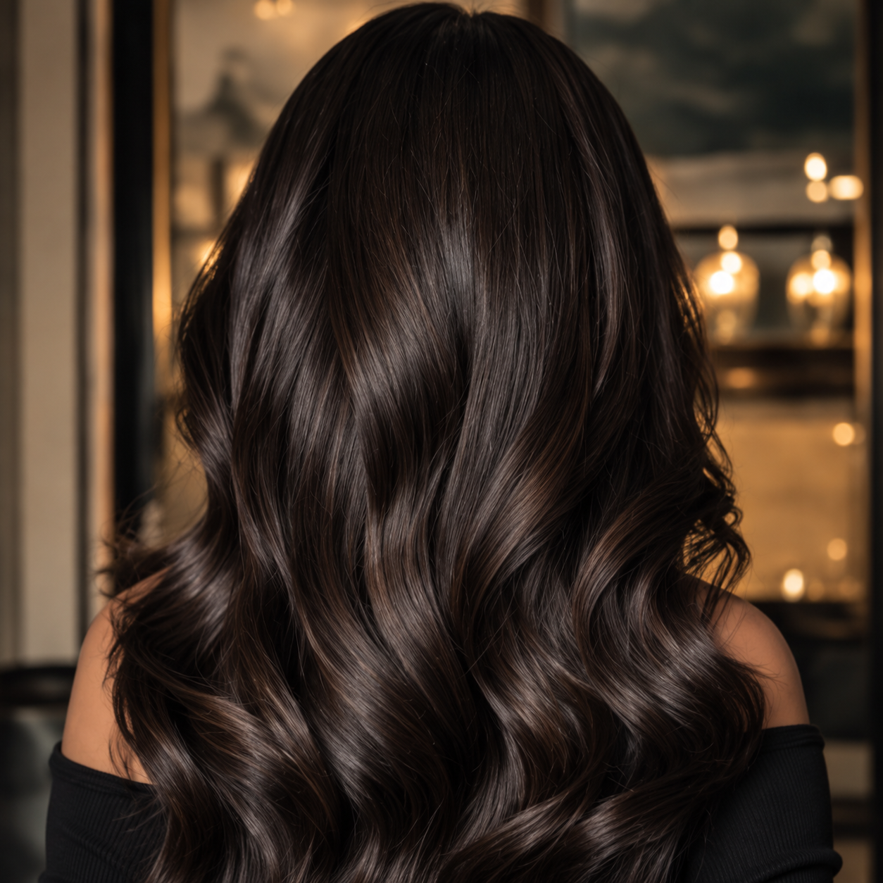 Back view of long, softly waved finished hair; editorial inspiration