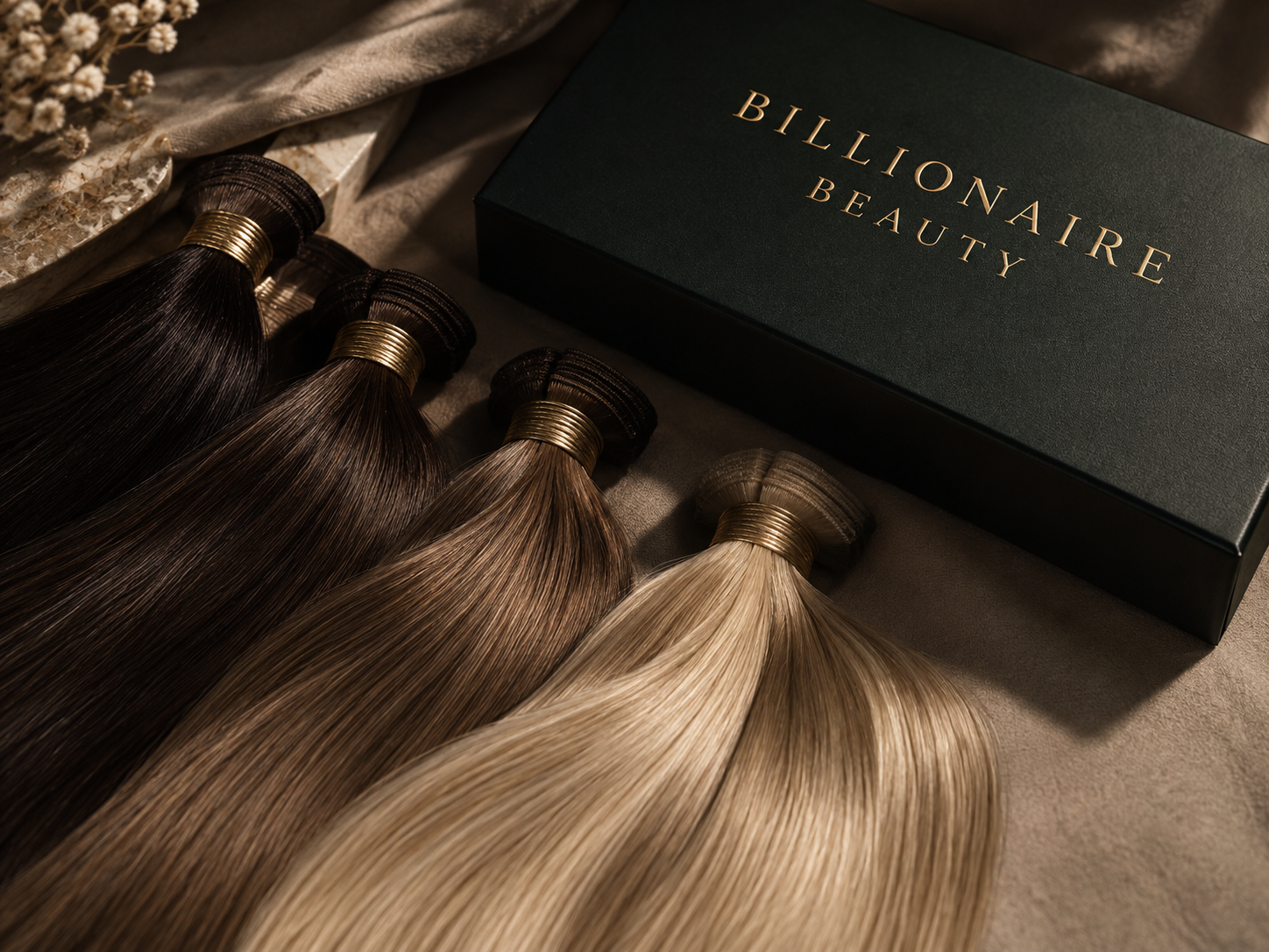 Hair extension wefts displayed with professional haircare products; illustrative stock photograph