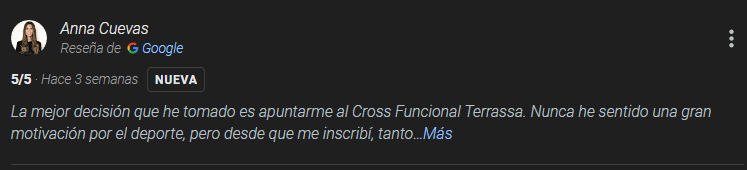 Rese&ntilde;a de Google de un cliente de Cross Funcional 30' Terrassa