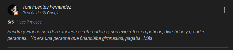 Rese&ntilde;a de Google de un cliente de Cross Funcional 30' Terrassa