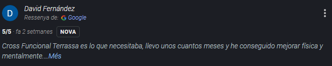 Rese&ntilde;a de Google de un cliente de Cross Funcional 30' Terrassa