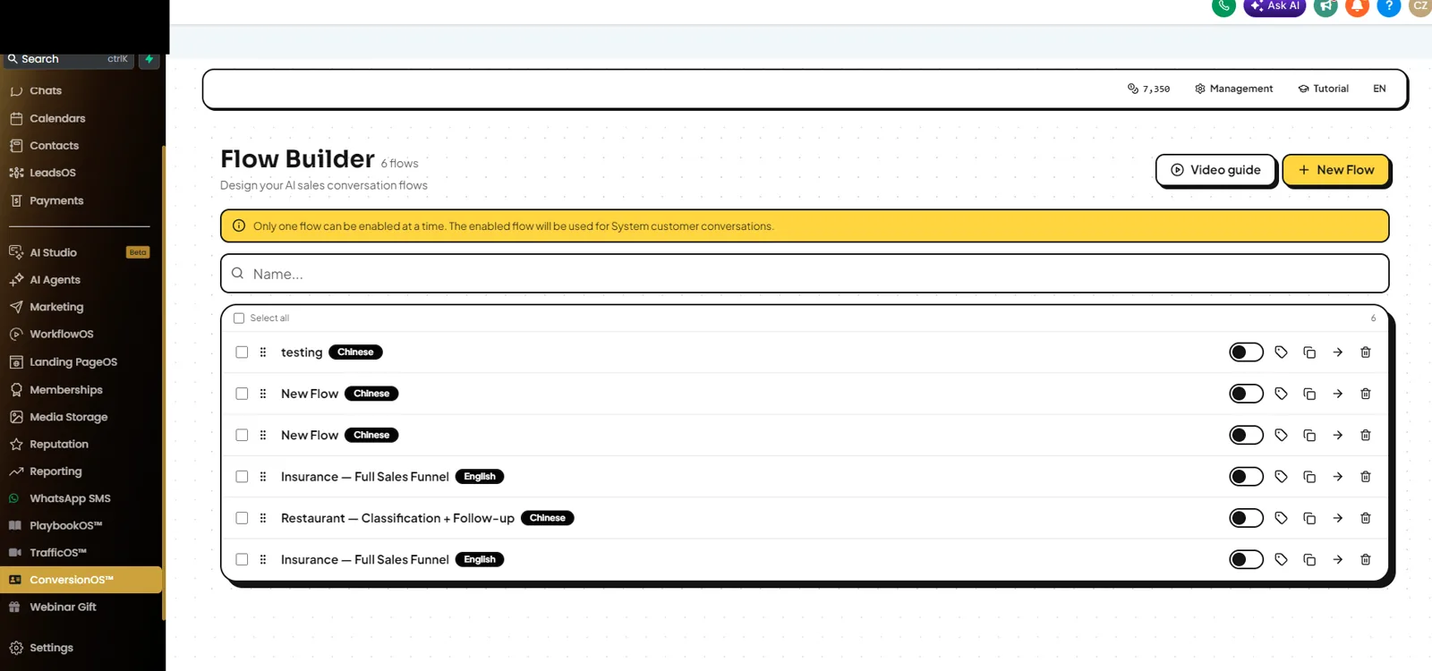 ConversionOS™ 的 Flow Builder：一份 AI 销售对话流程清单, 每条可以标语言、复制或删除