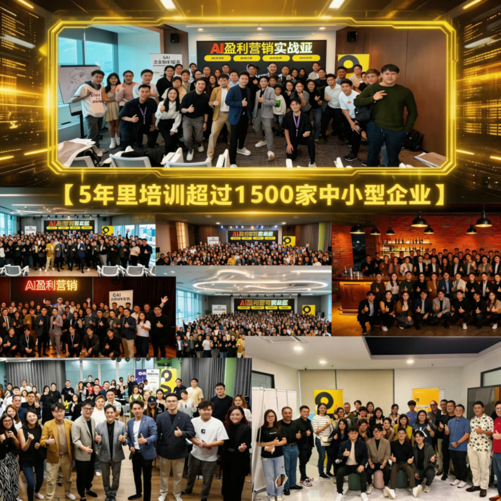 多场 AI 盈利营销实战班的团体合照拼贴, 会场横幅写着「5 年里培训超过 1500 家中小型企业」