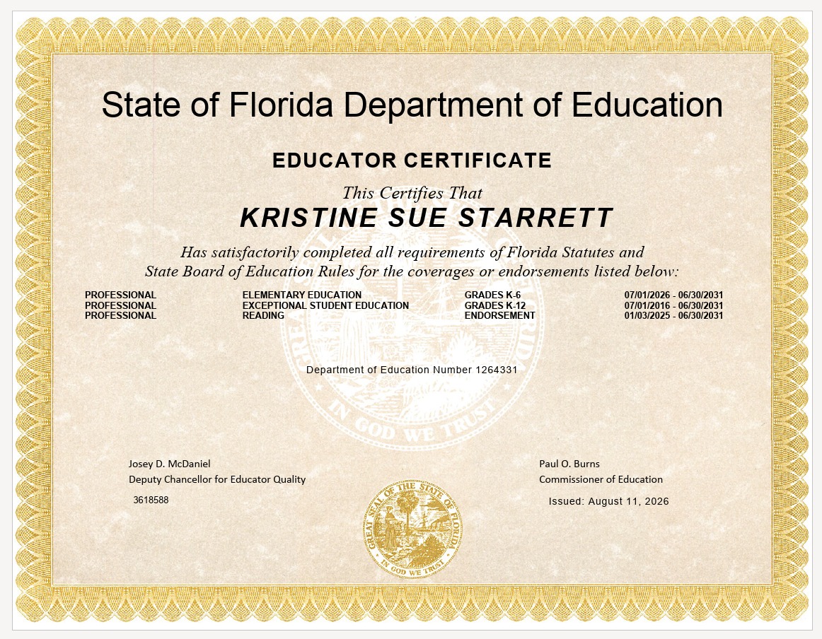Kristine Starrett Certificate