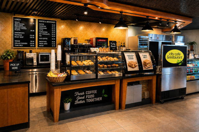 Inside City Cafe & Restaurant, the counter and pastry case