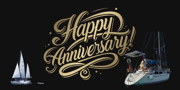 Happy anniversary graphic with images of the boat we started with and the boat we have now