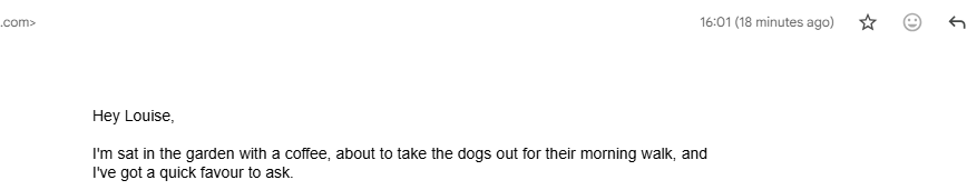 A snippet of an email showing delivery in the afternoon and content that refers to the morning - an example of things I'd have noticed and higlighted as your tech strategist