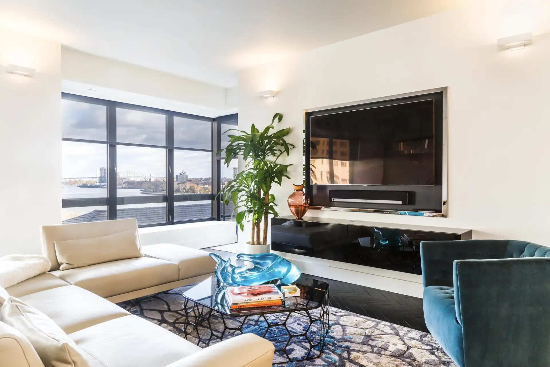 Recessed TV and soundbar in custom millwork, Manhattan living room, no visible wires