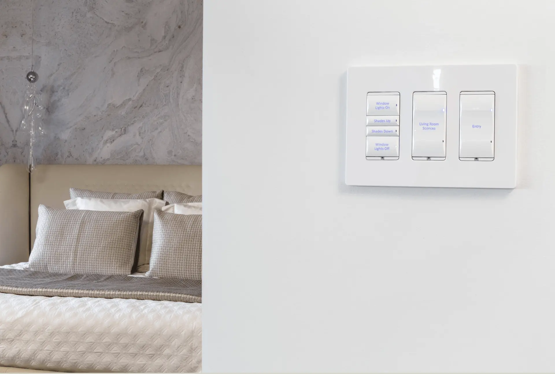 Control4 smart lighting keypad in a Manhattan bedroom with engraved scene buttons