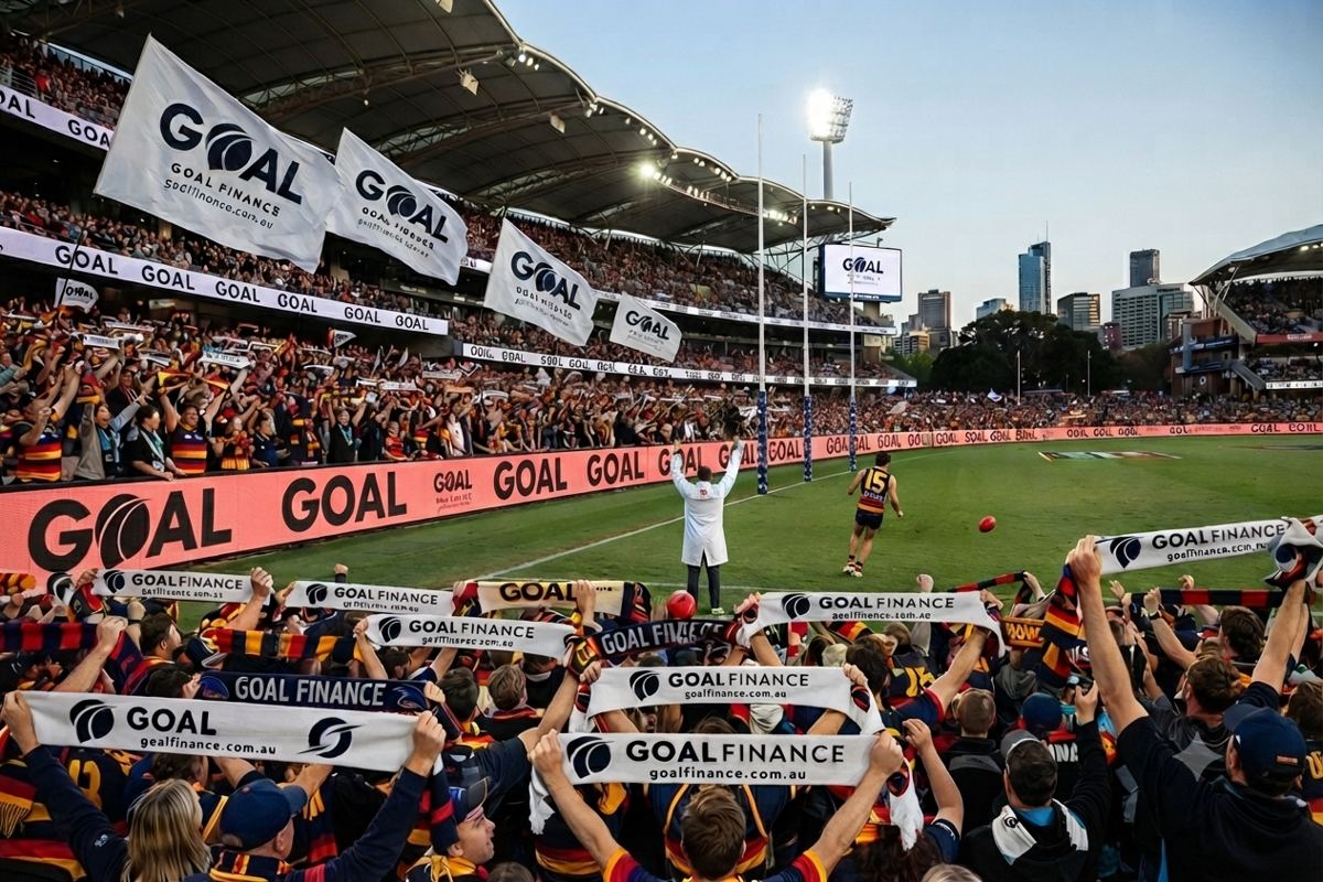 Adelaide Oval crowd holding Goal Finance scarves