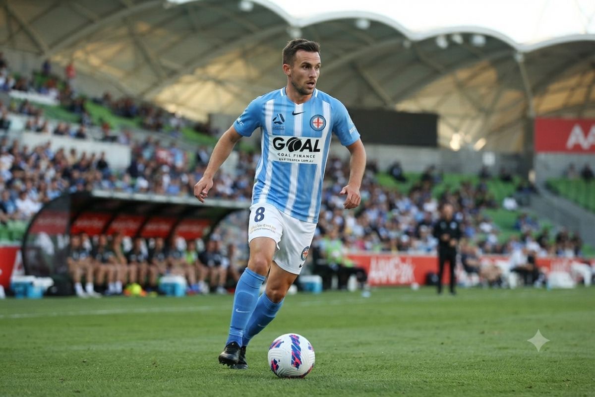Melbourne City FC player wearing Goal Finance sponsor kit