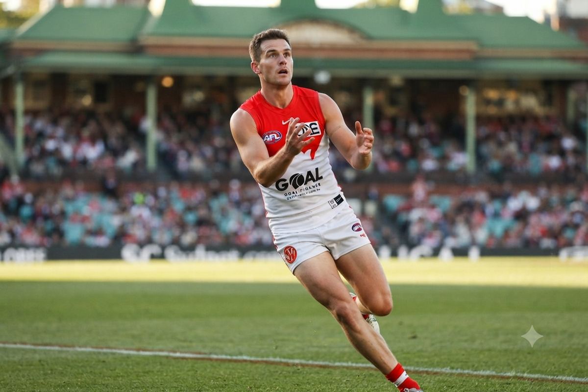Sydney Swans AFL player wearing Goal Finance sponsor guernsey