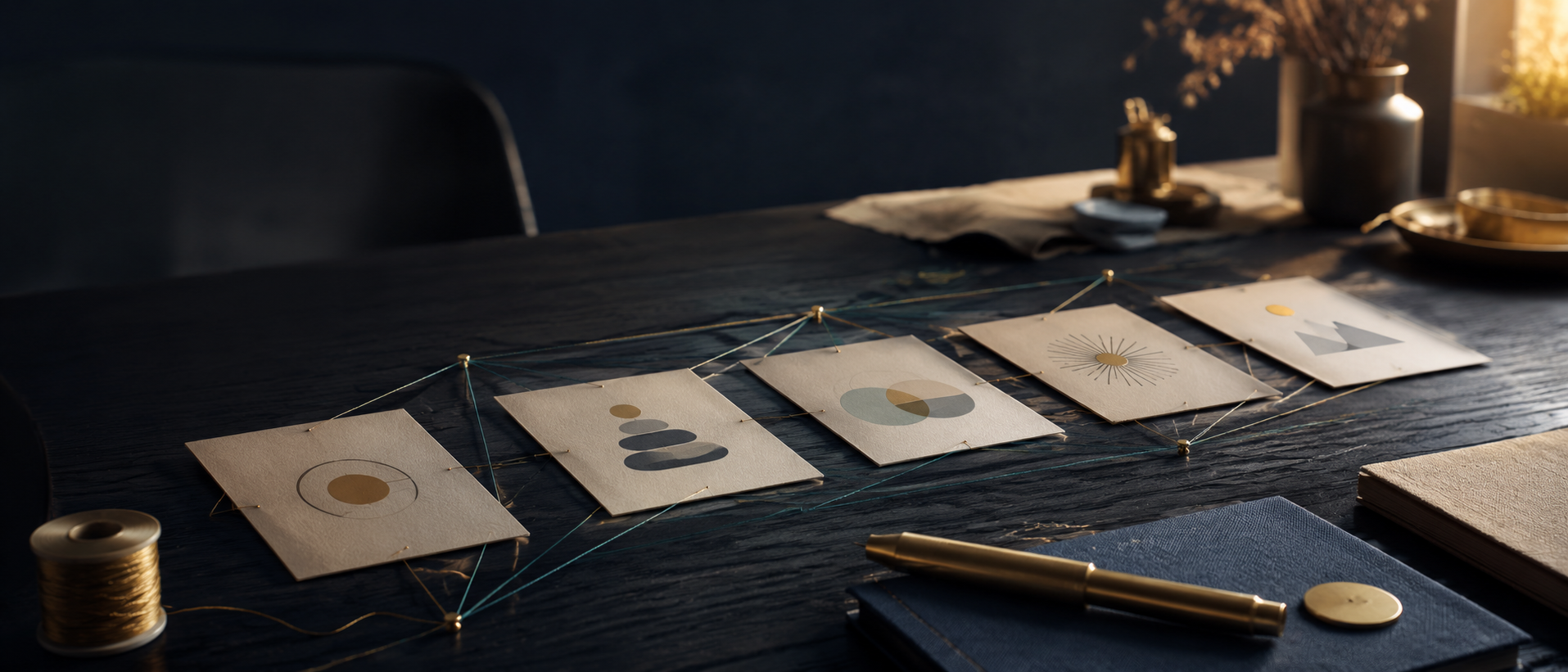 A cinematic values table with connection lines and warm gold details