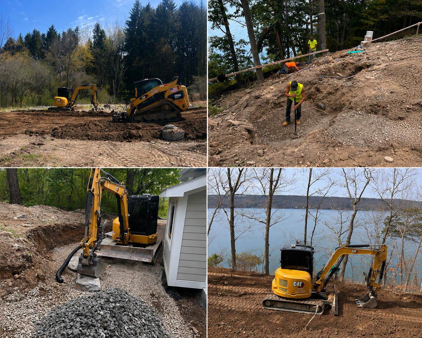 A Lansing residential construction lot after site preparation, showing cleared and graded ground with compacted soil ready for foundation work. An excavator is staged at the edge of the leveled building pad on a clay-soil lot.