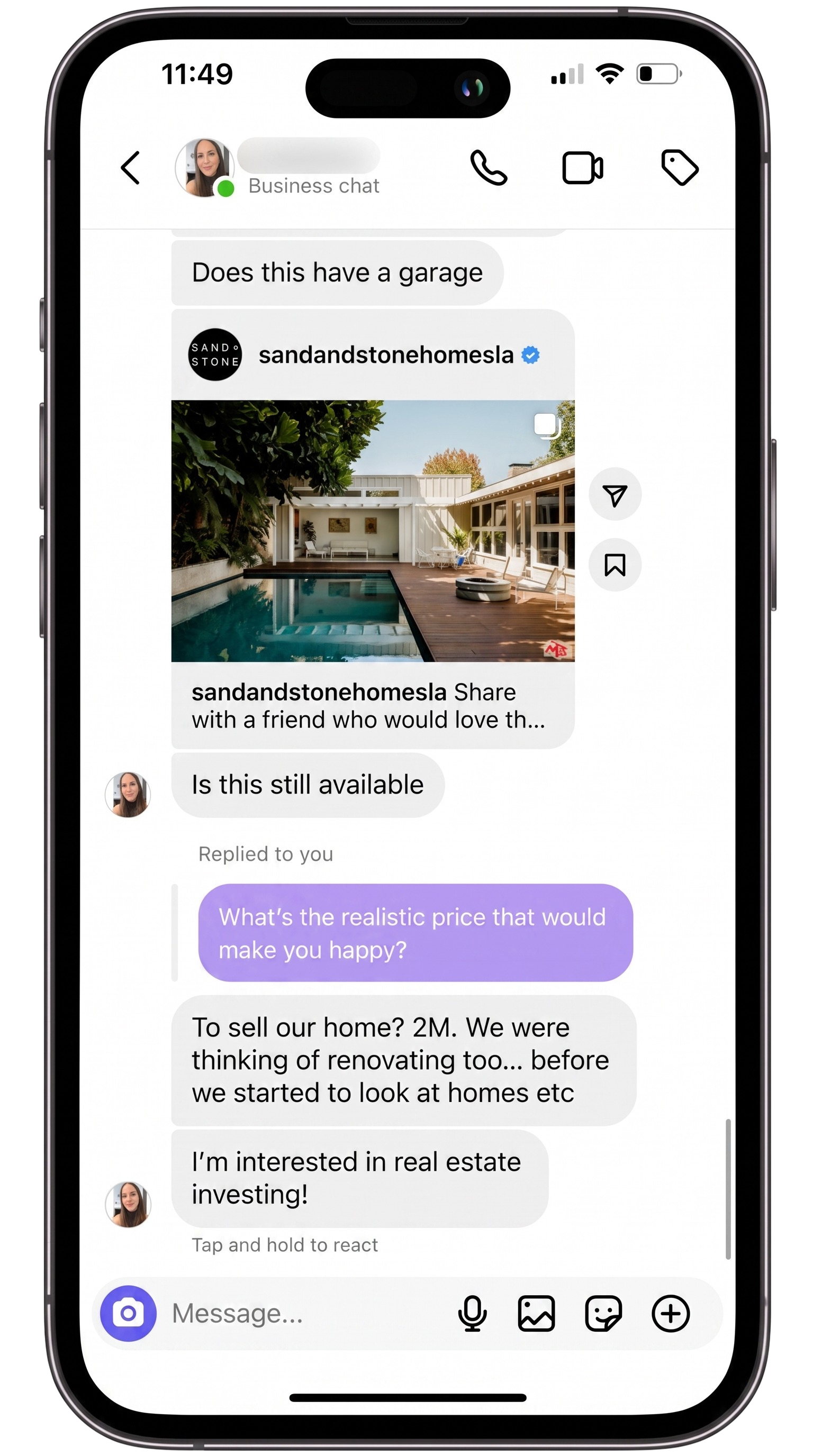 Lead revealing she wants to sell her two-million-dollar home, buy, and invest in the same conversation