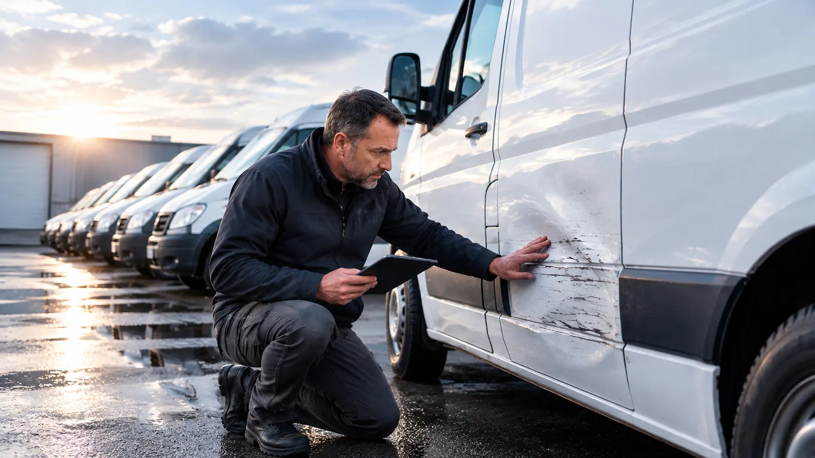 Sachverständiger prüft eine Beschädigung an einem Lieferwagen vor einer Fahrzeugflotte