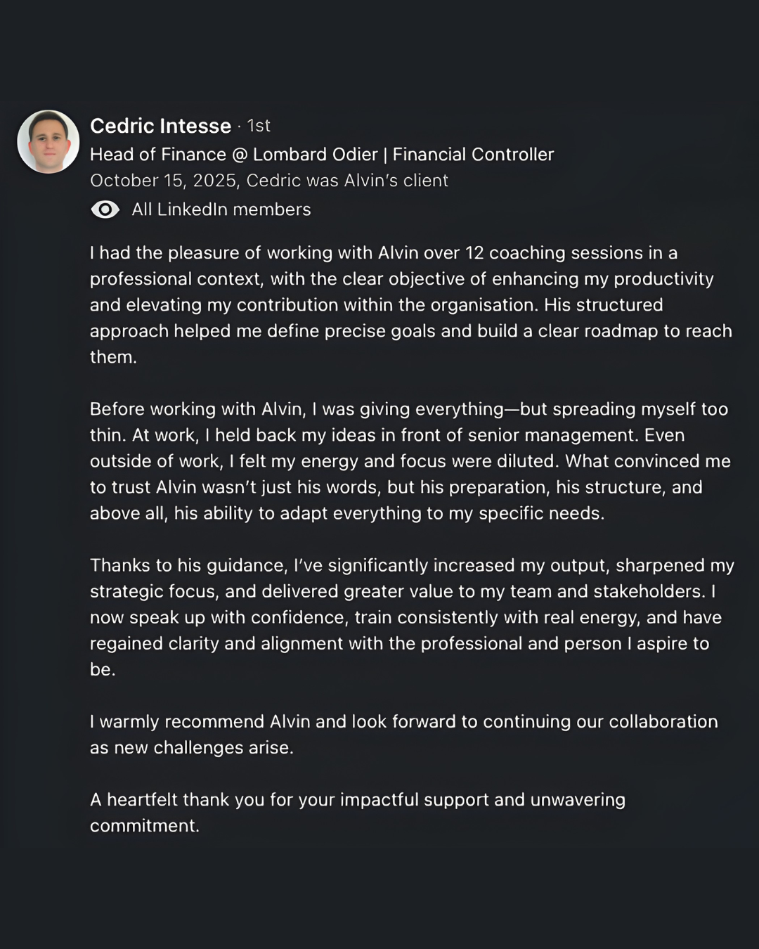 Testimonial from Cedric Intesse