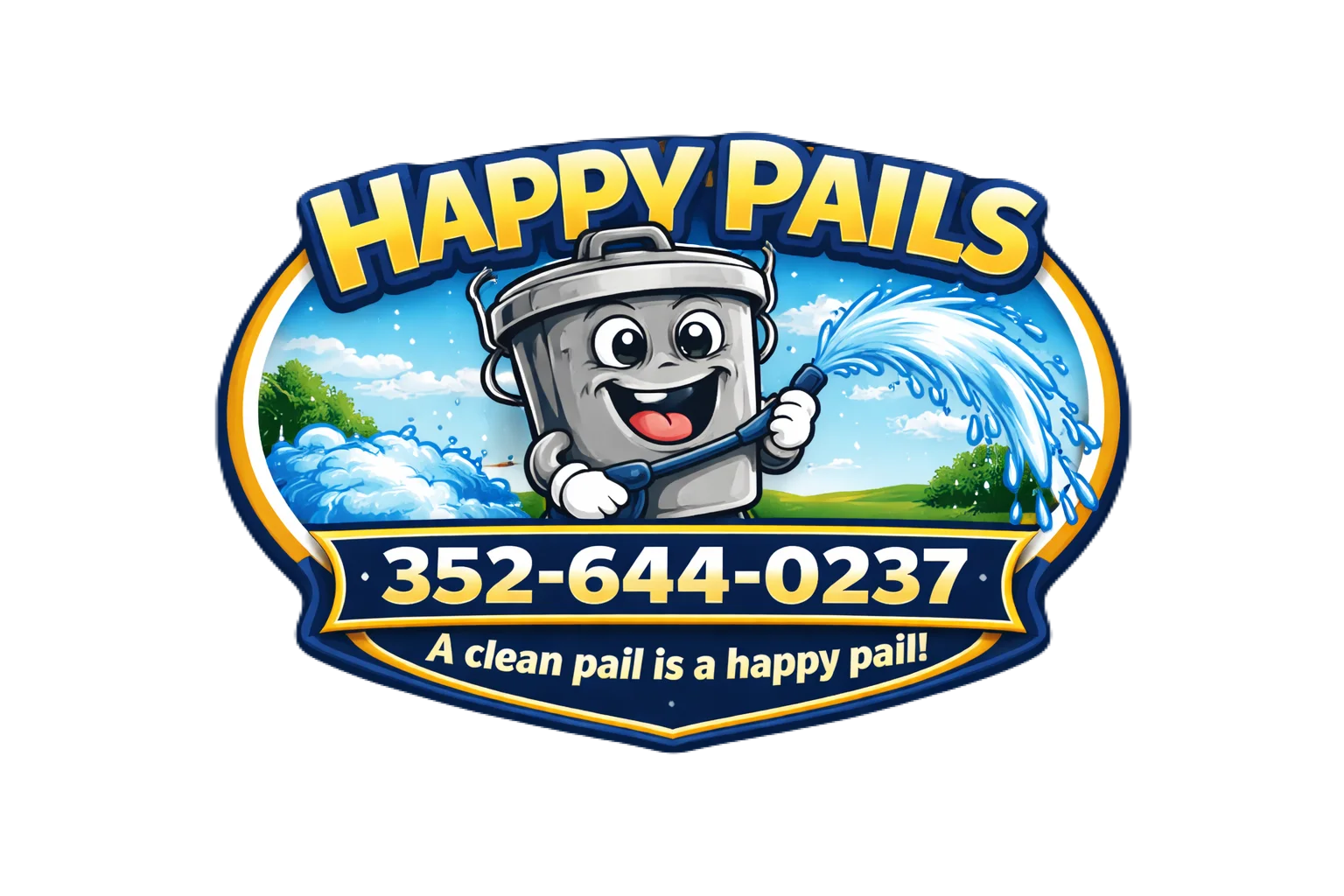 Happy Pails logo featuring a smiling animated pail character holding a blue nozzle spraying water, with contact number.