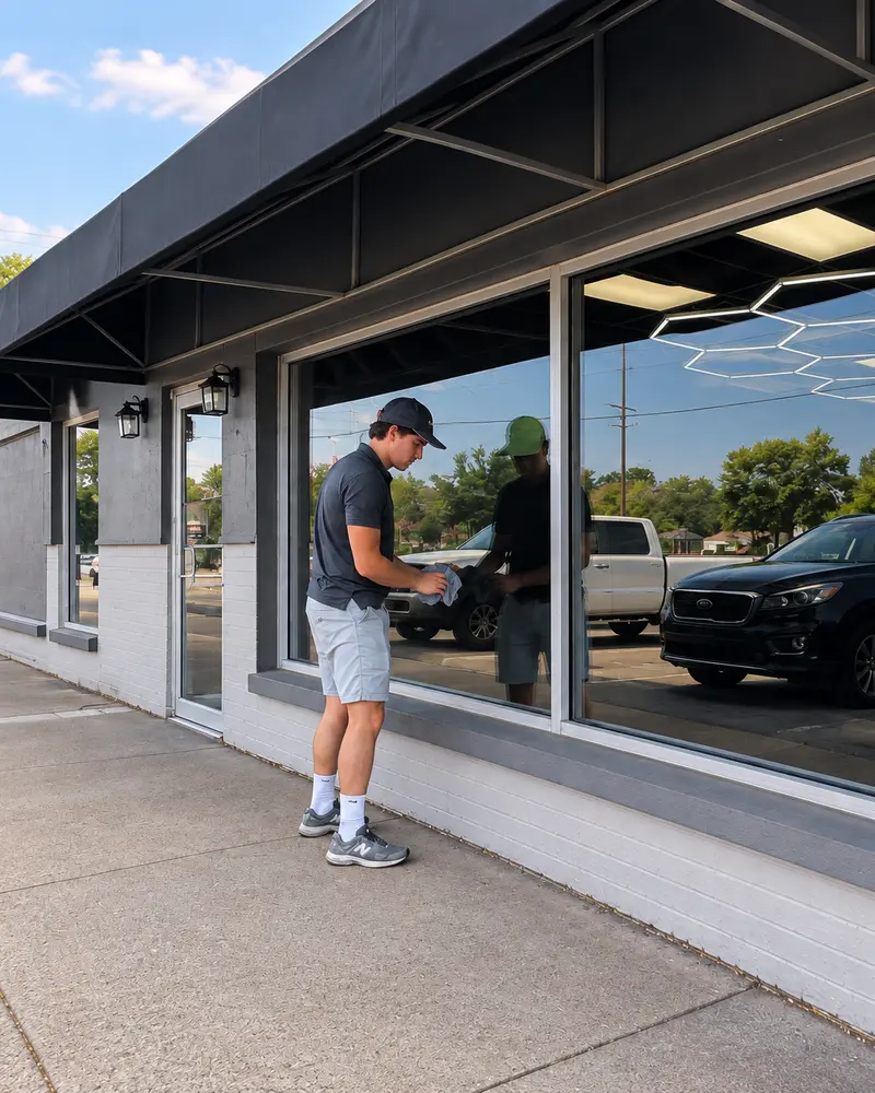 Zenith technician cleaning a commercial storefront window in the Mahoning Valley