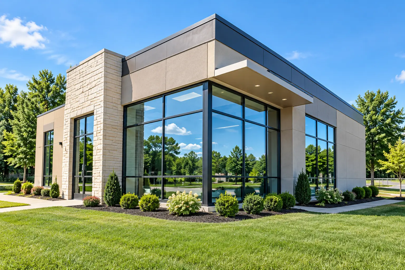 Modern office building with full-height reflective corner windows