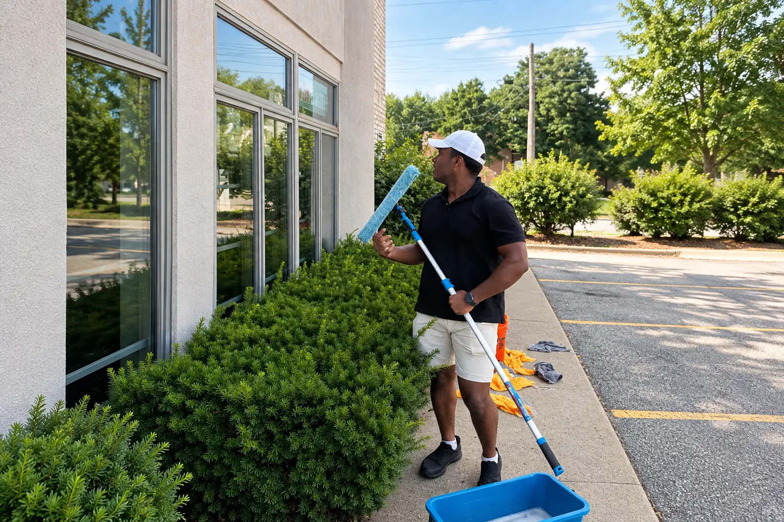 Window-cleaning technician holding a washing pole beside exterior glass