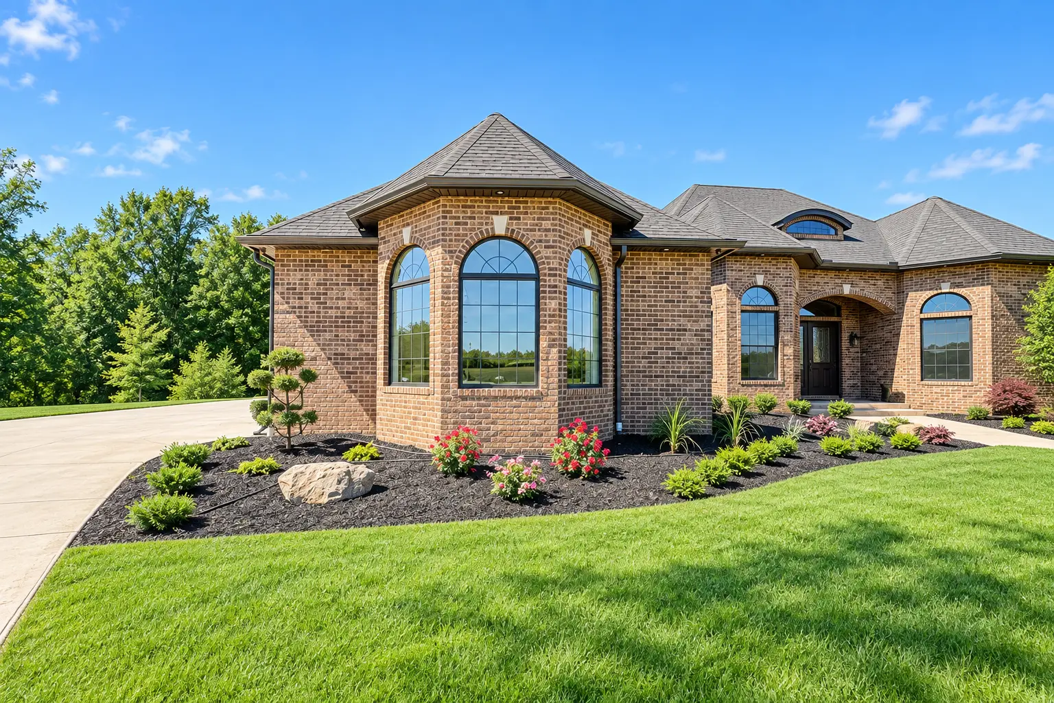 Brick home with tall arched bay windows and a landscaped lawn