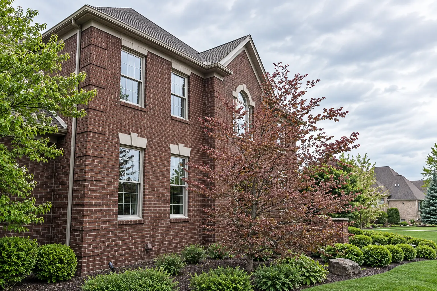 Brick two-story home in the Mahoning Valley with clean, clear windows.