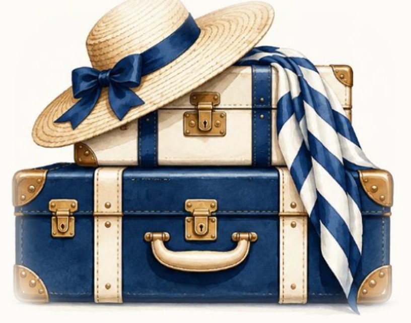 The Suitcase Society logo: stacked navy and cream suitcases with a straw sun hat and striped scarf