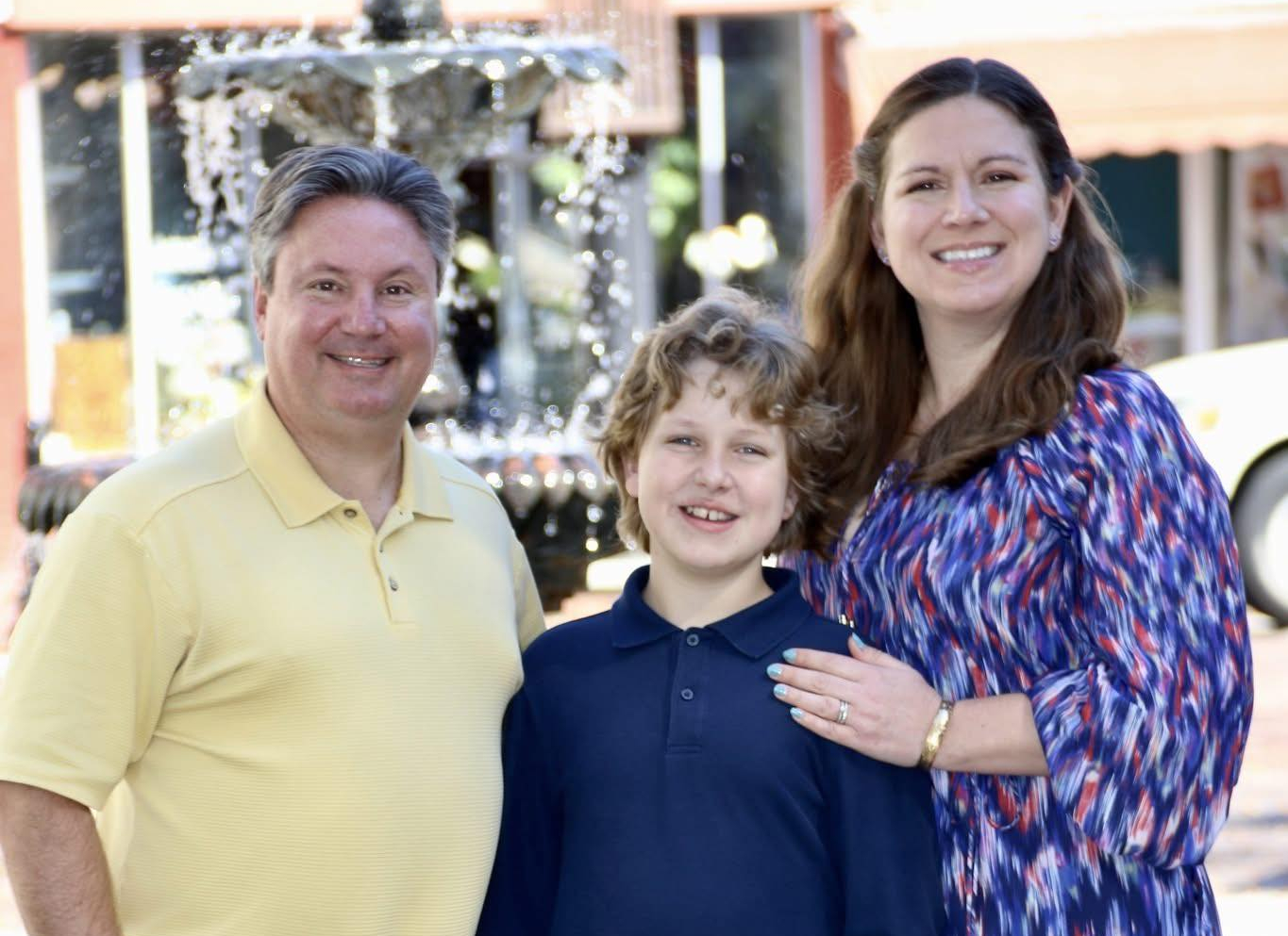The Swenk family at a downtown fountain