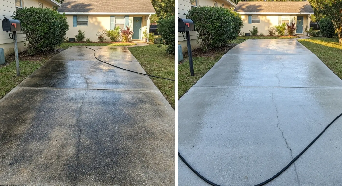 Concrete driveway cleaning before and after