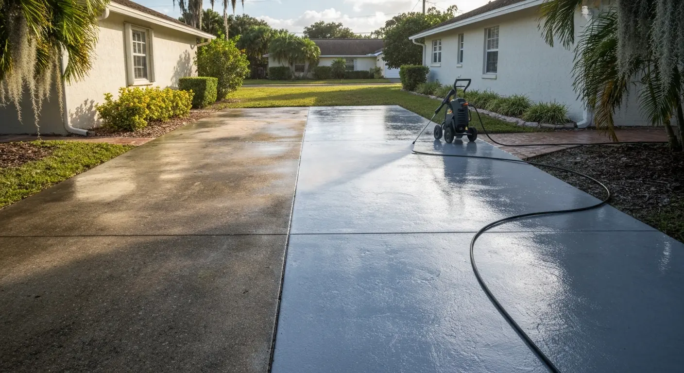 Concrete driveway pressure washing