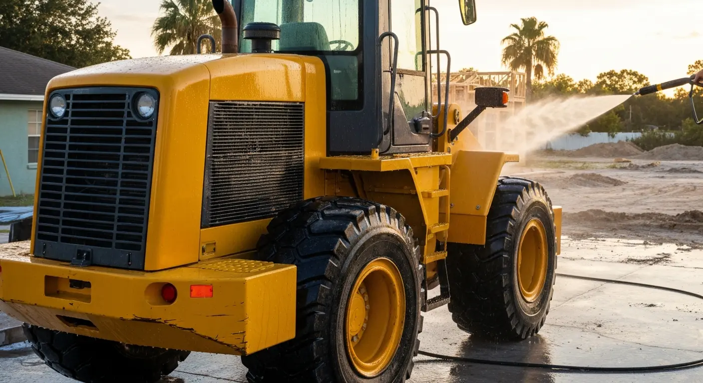 Wheel loader being cleaned