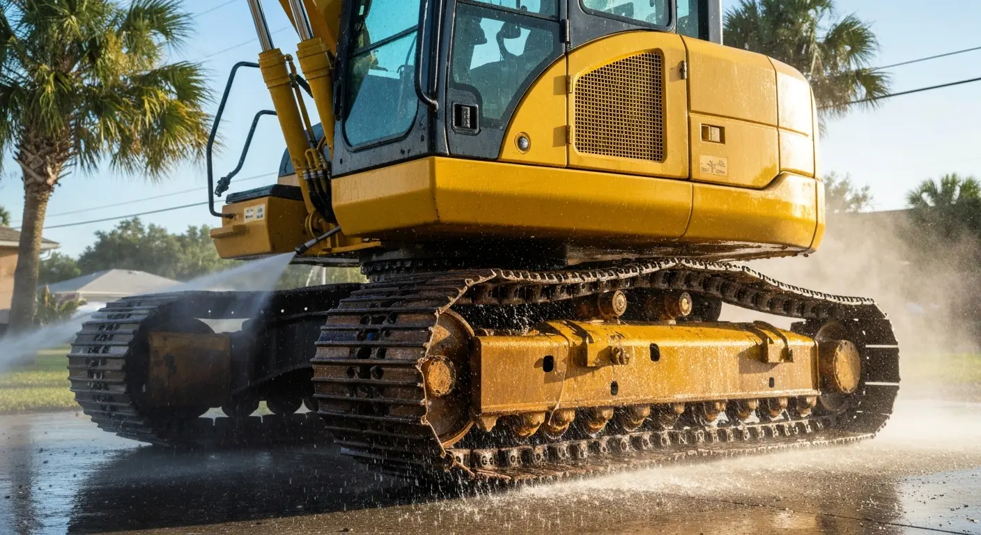 Excavator being pressure washed