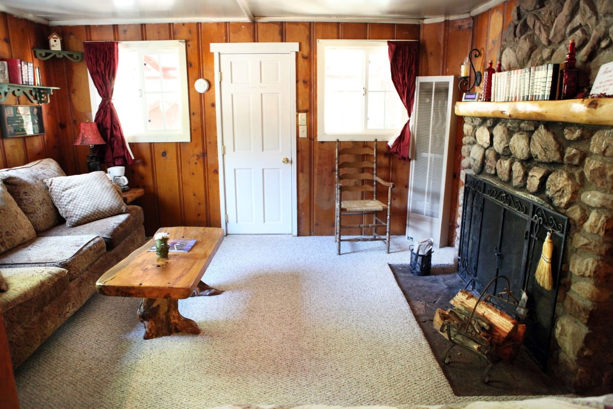 A cabin living room with a stone fireplace and couch