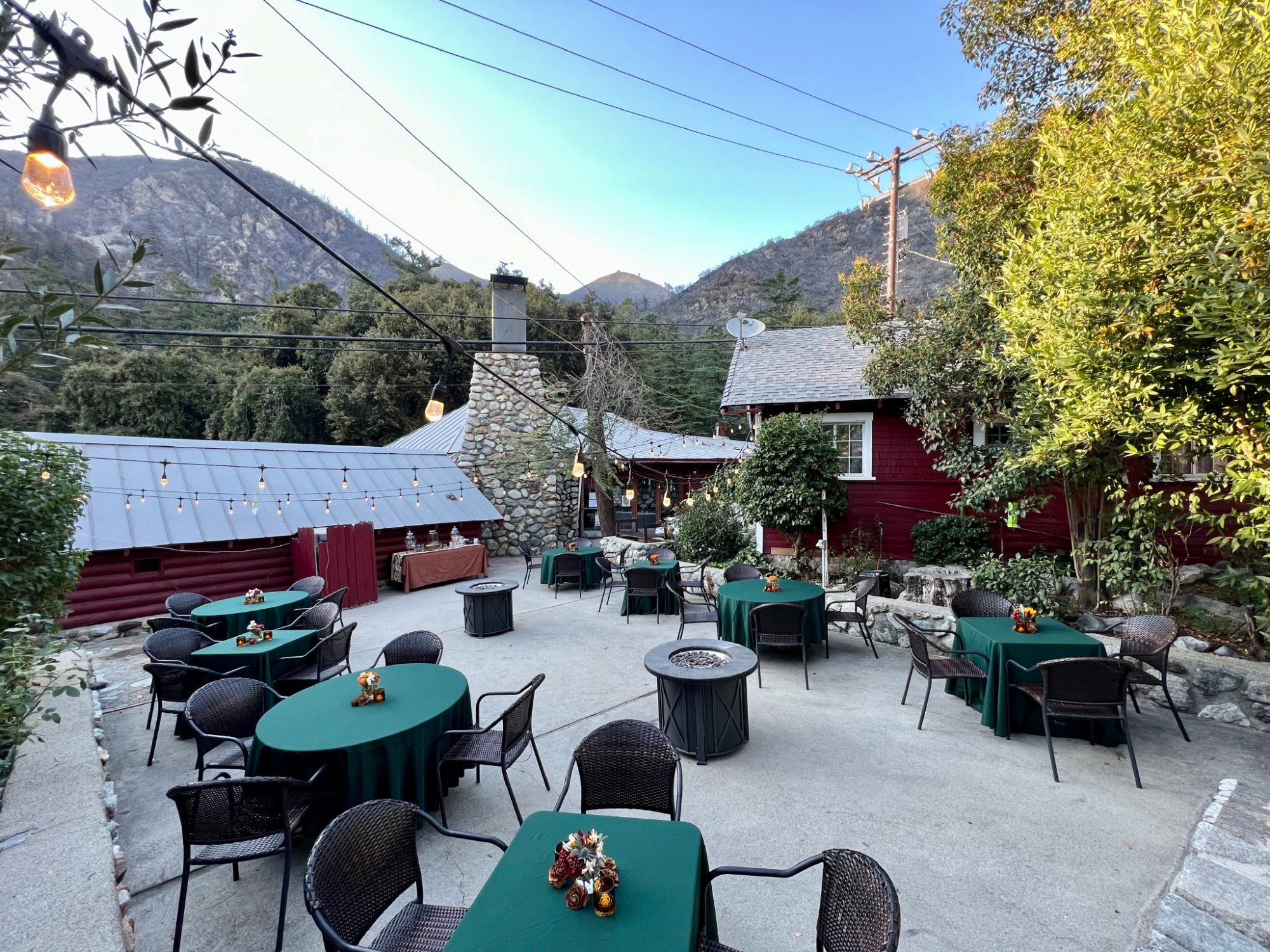 The Lodge patio with fire pits and green tables under the pines