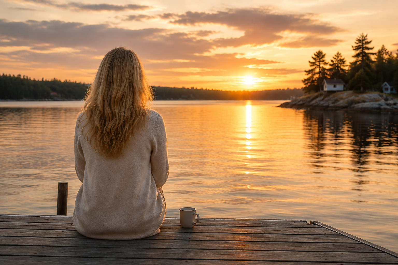 Woman sitting on a lakeside dock at sunset, reflecting on a new chapter in life after divorce.