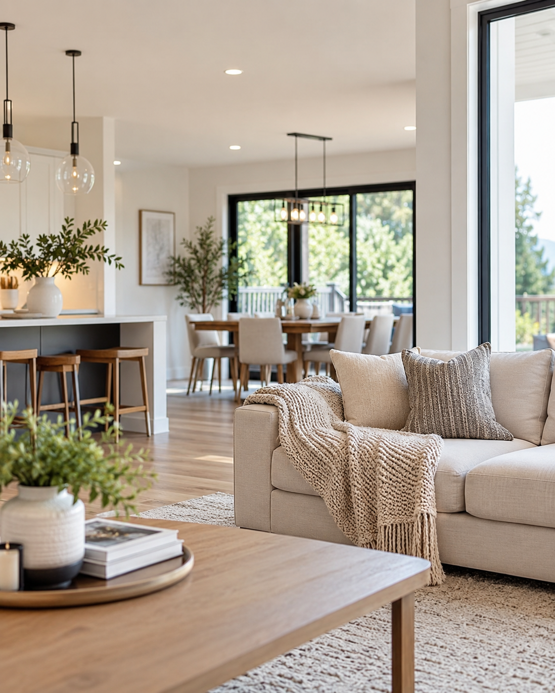**Alt text:** Blonde woman viewing a bright, beautifully staged living room in a modern home, highlighting the feeling of a potential buyer evaluating a property. **Alt text:** Blonde woman viewing a bright, beautifully staged living room in a modern home, highlighting the feeling of a potential buyer evaluating a property.