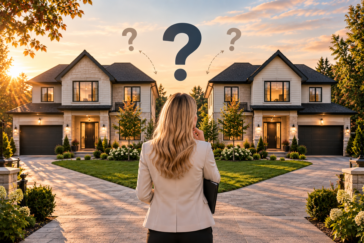 Blonde realtor viewed from behind standing between two upscale homes at sunset, with question marks above them symbolizing a real estate decision. Blonde realtor viewed from behind standing between two upscale homes at sunset, with question marks above them symbolizing a real estate decision.
