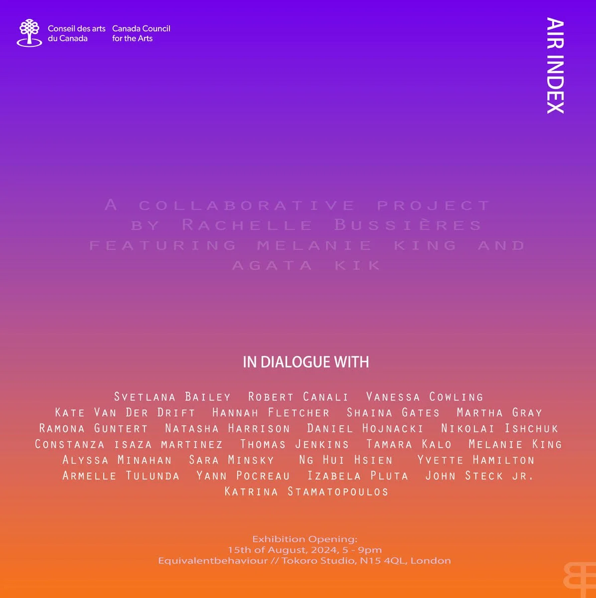 Air Index is a project organised Rachelle Bussiēres (New York) opening in London this August