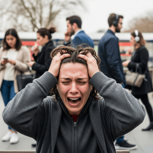 Woman overwhelmed and screaming in public while people around her are distracted and looking at their phones, not noticing her distress. Woman overwhelmed and screaming in public while people around her are distracted and looking at their phones, not noticing her distress.